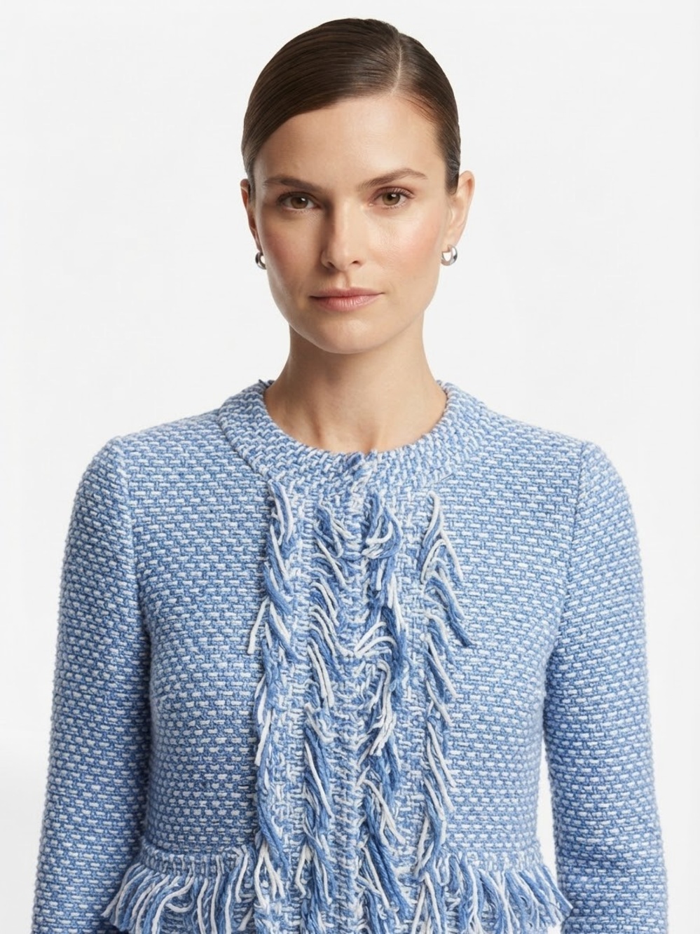 Carolina Herrera Light Blue Fringe Knit Jacket S